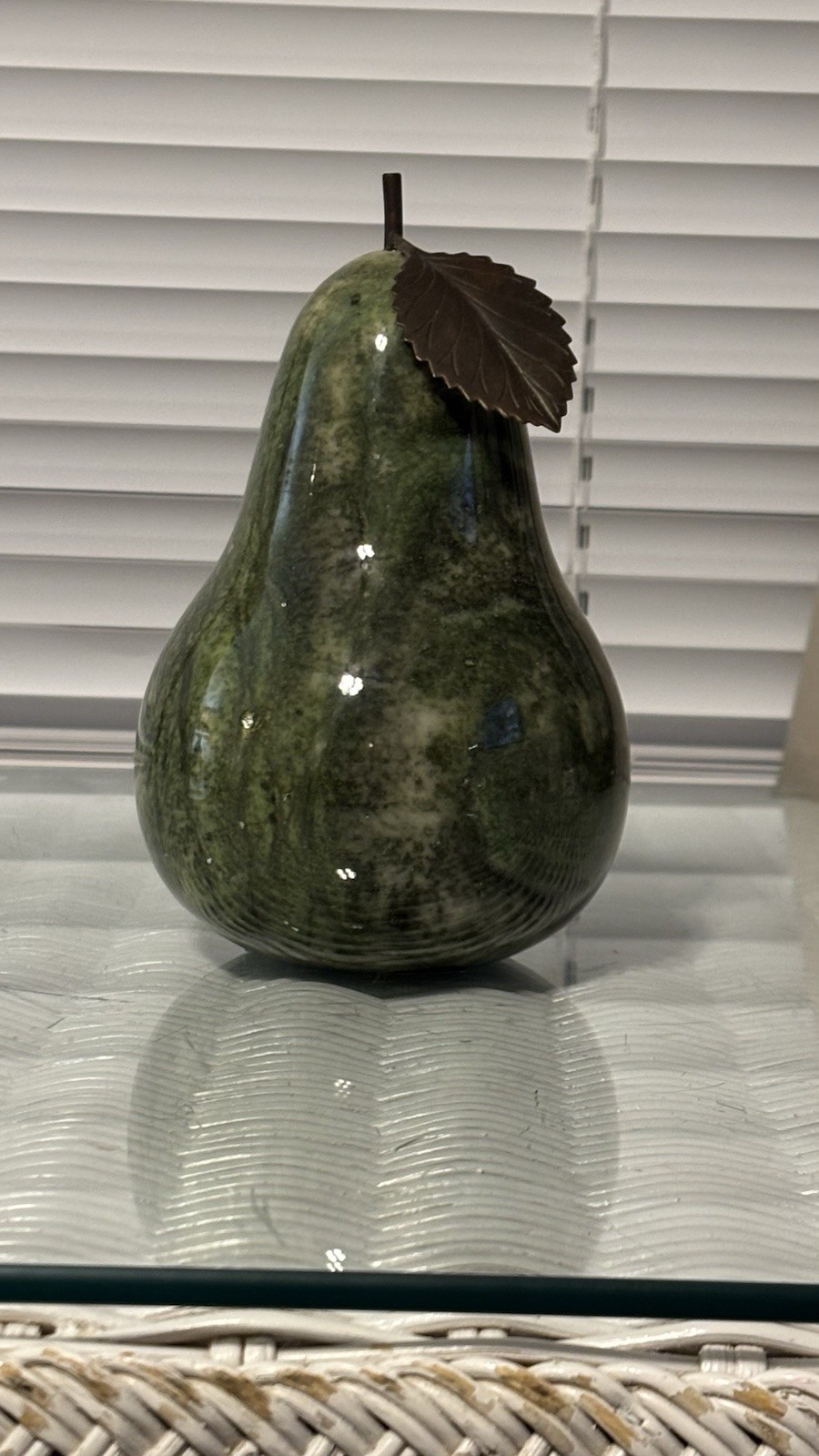 Italian Green Alabaster Marble Pear With Decorative Leaf 7in Tall Italian Green Alabaster Marble Pear With Decorative Leaf 7in Tall