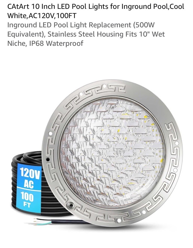 10 Inch LED Pool Light for Inground Pool Cool White 120 Vac 100 ft Cable 500W