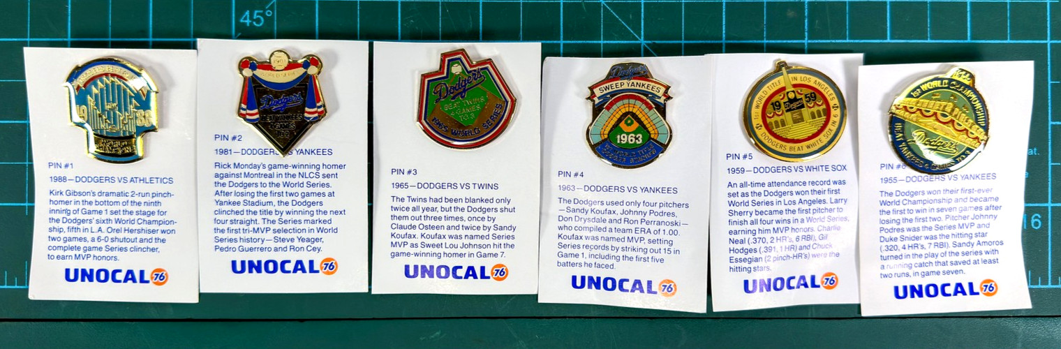 VTG Los Angeles Dodgers Lappel Pin Set 6 Baseball Unocal 76 Lasorda Koufax NOS