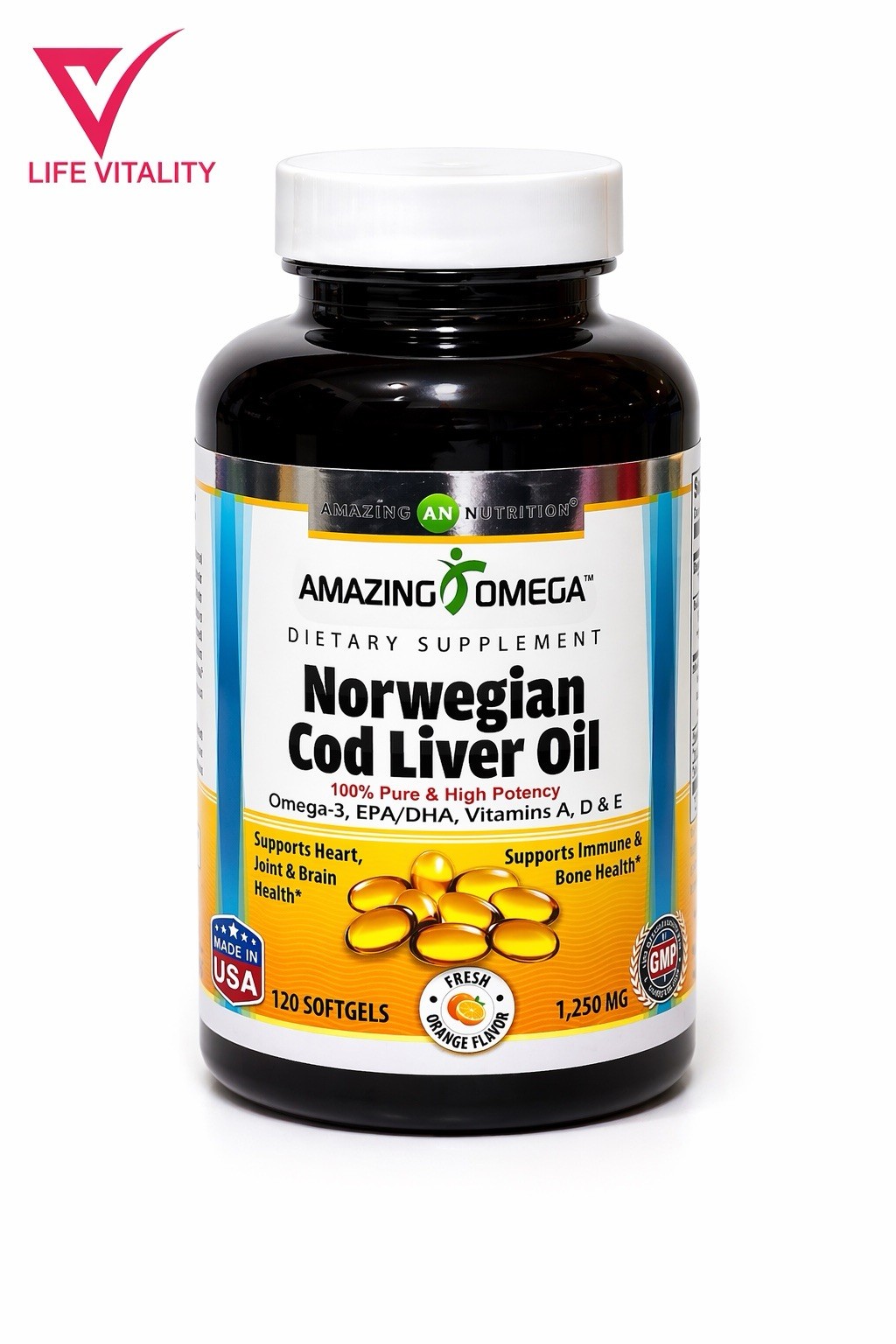 Norwegian Cod Liver Oil 1250 Mg Omega 3 EPA - DHA 120 Softgels Orange Flavor