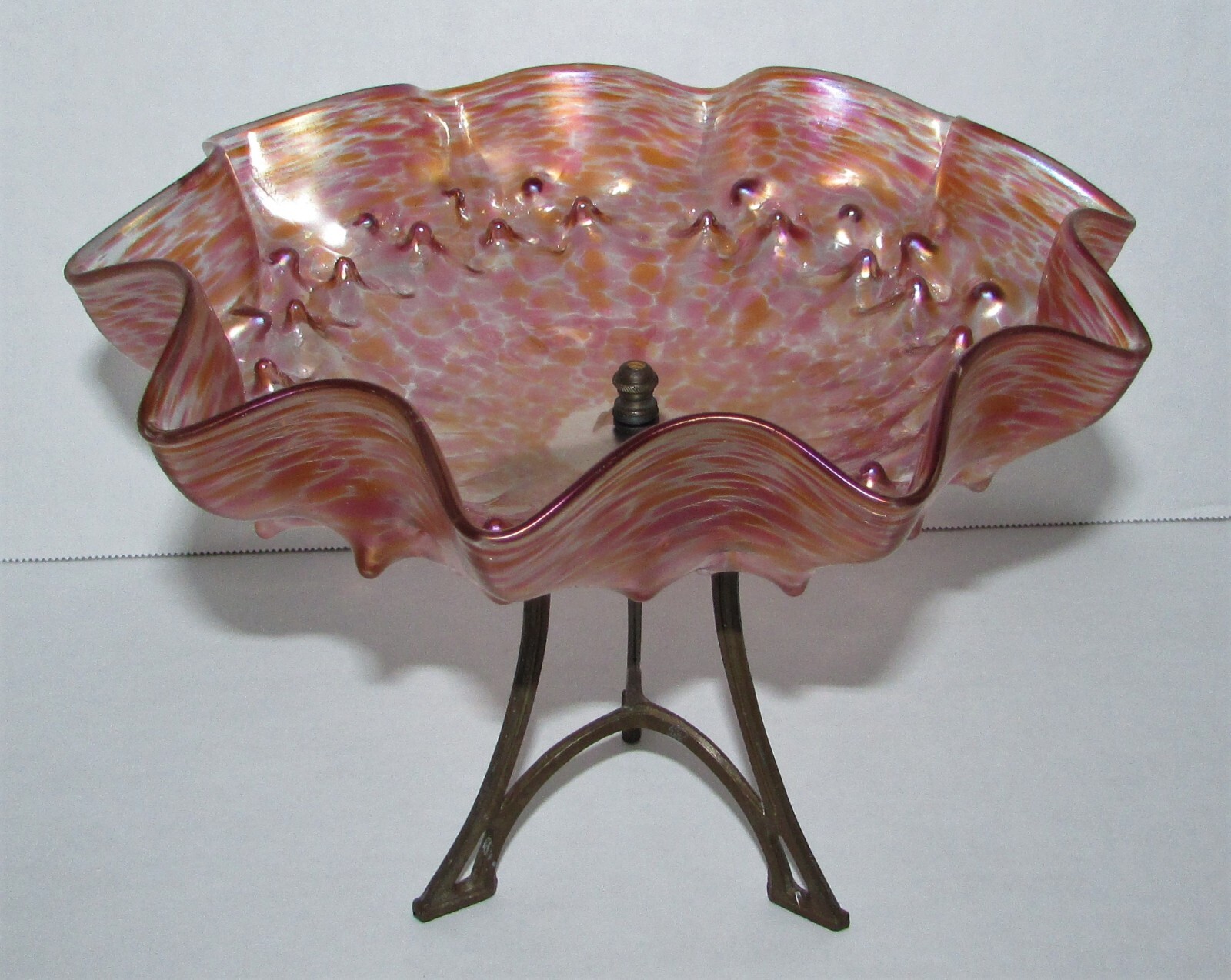 Antique Bohemian Iridescent Art Glass Bowl on Metal Mount 