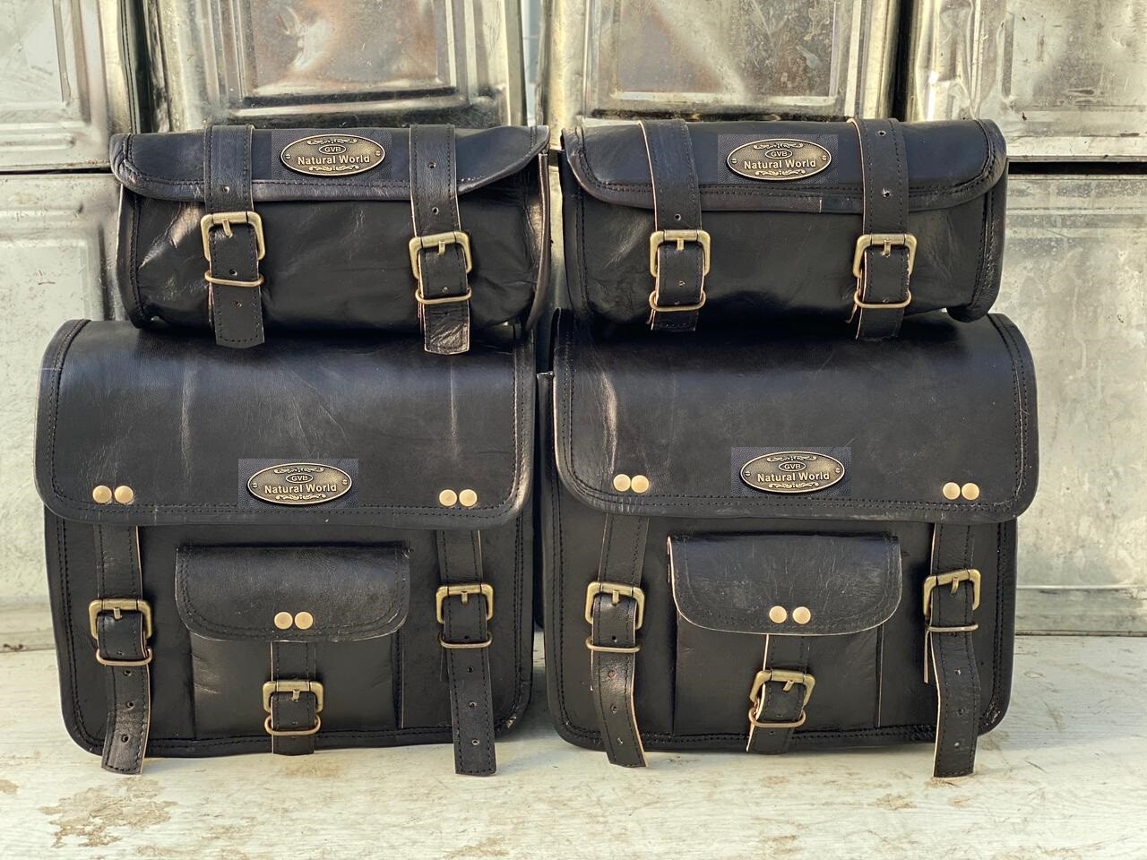 Leather Motorcycle Saddle Bags 4 Black Leather Side Pouch Panniers 4 Bags Combo