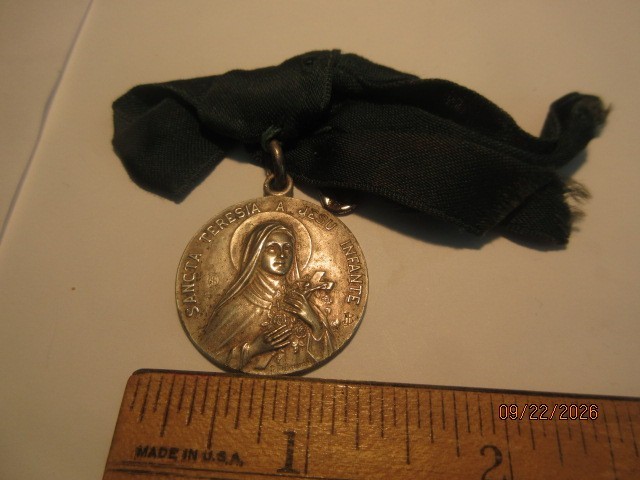Antique French Religious Medal Saint Therese with Original Ribbon
