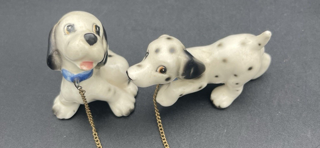 VTG 60s Kitsch Lipper & Mann Dalmatian Puppies Pair Chain Ceramic -nMissing Mom
