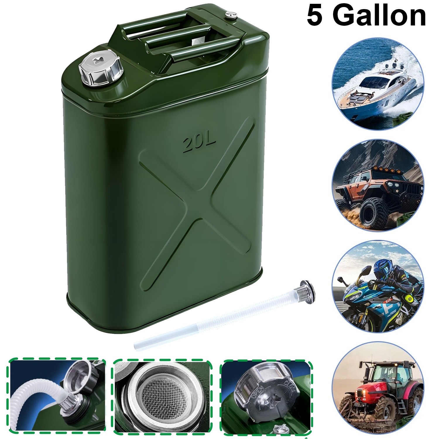 5 Gallon Large Capacity 20L Gas Gasoline Can Fuel Backup Metal Steel Tank