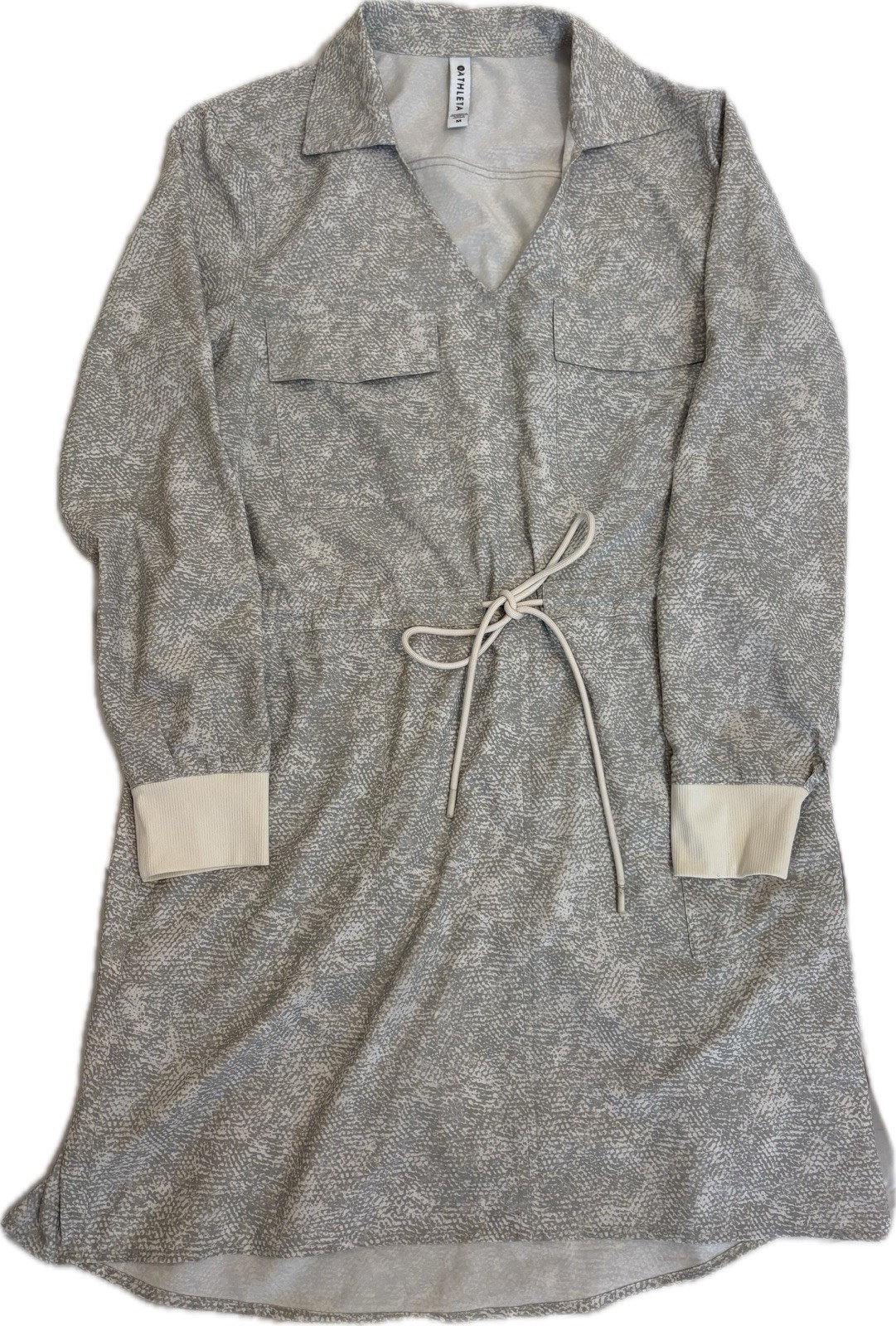 ATHLETA Zuma Printed Shirt Dress Cream Gray Lightweight Waist Tie Size M ATHLETA Zuma Printed Shirt Dress Cream Gray Lightweight Waist Tie Size M