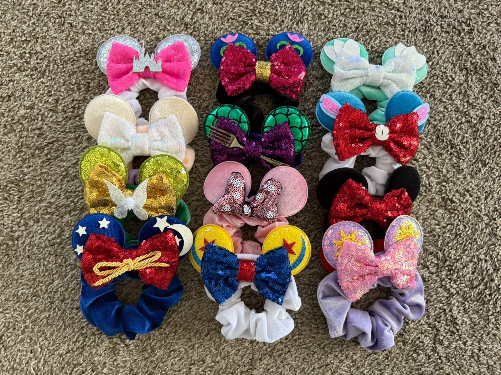 12pc Disney Inspired Minnie Mouse Princess Scrunchie Hair Bow Ears Character Lot