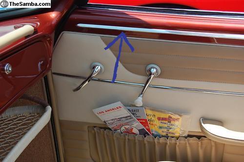 VW KARMANN GHIA, ABOVE DOOR PANEL, NEW MOLDINGS, 5-PIECE KIT, 1962-1966, 12 PICS