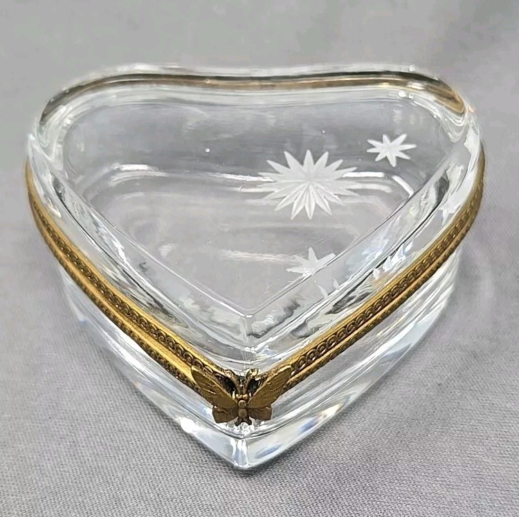 Antique French Heart Shaped Box, Butterfly Hinge Etched Stars Antique French Heart Shaped Box, Butterfly Hinge Etched Stars