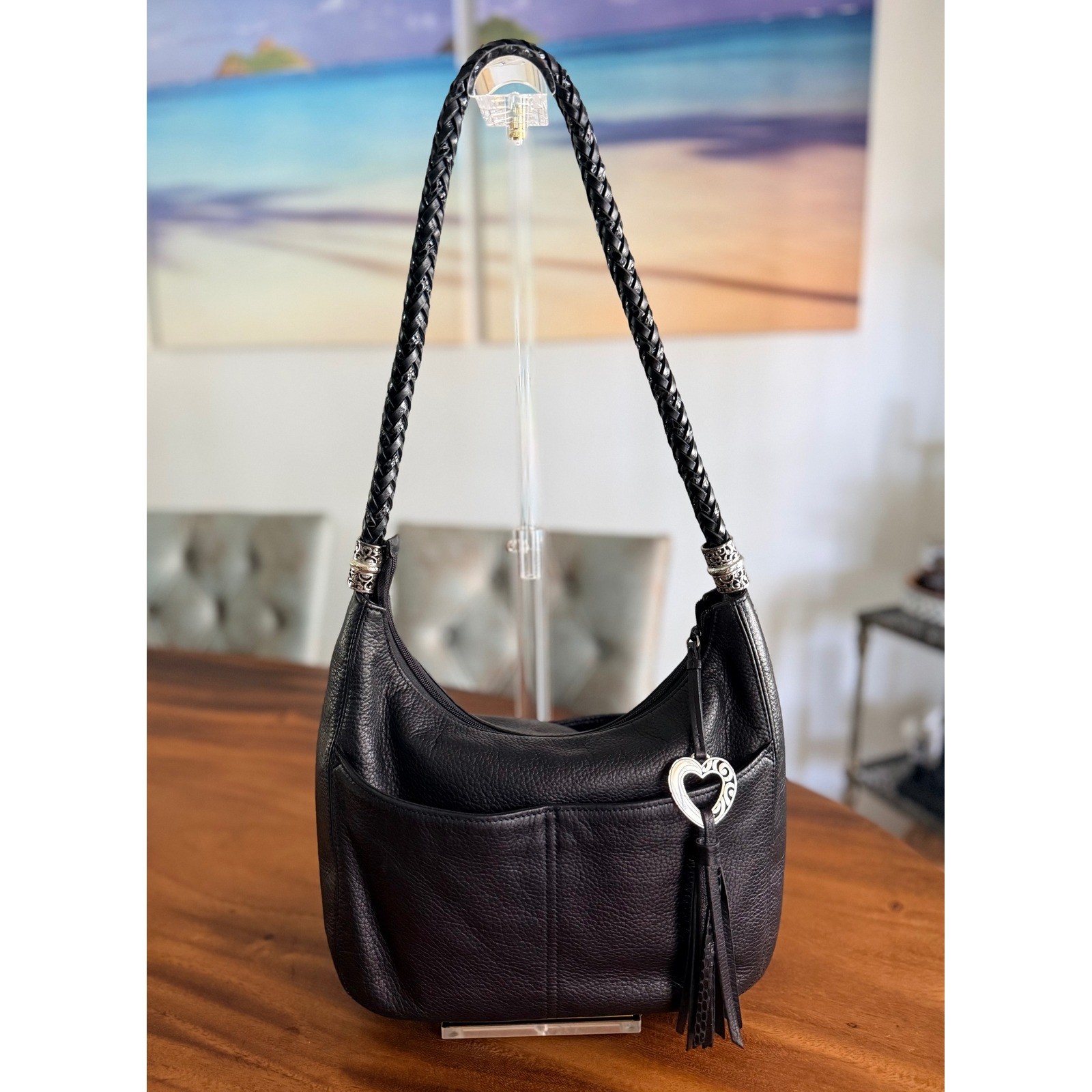 Brighton Barbados Pebbled Leather Shoulder Bag Braided Strap Tassel Y2K Black