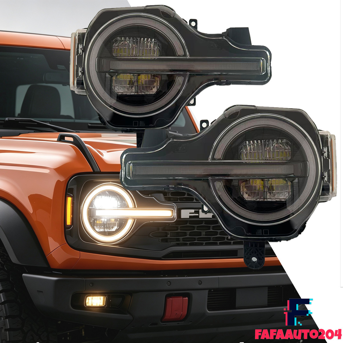 White/Yellow DRL LED Headlight For 2021-2024 Ford Bronco Raptor Style Sequential
