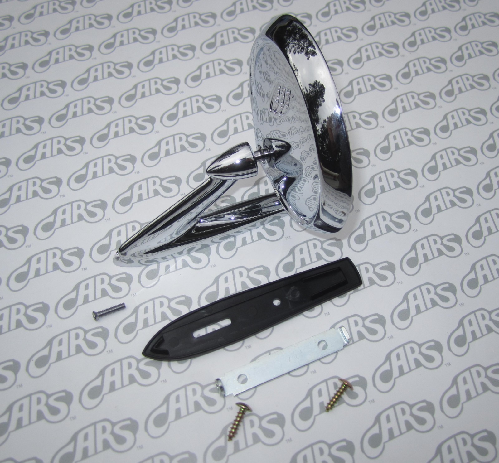 1963-1967 Buick Chrome Outside Rear View Mirror. Tri-Shield w/ Gasket & Hardware