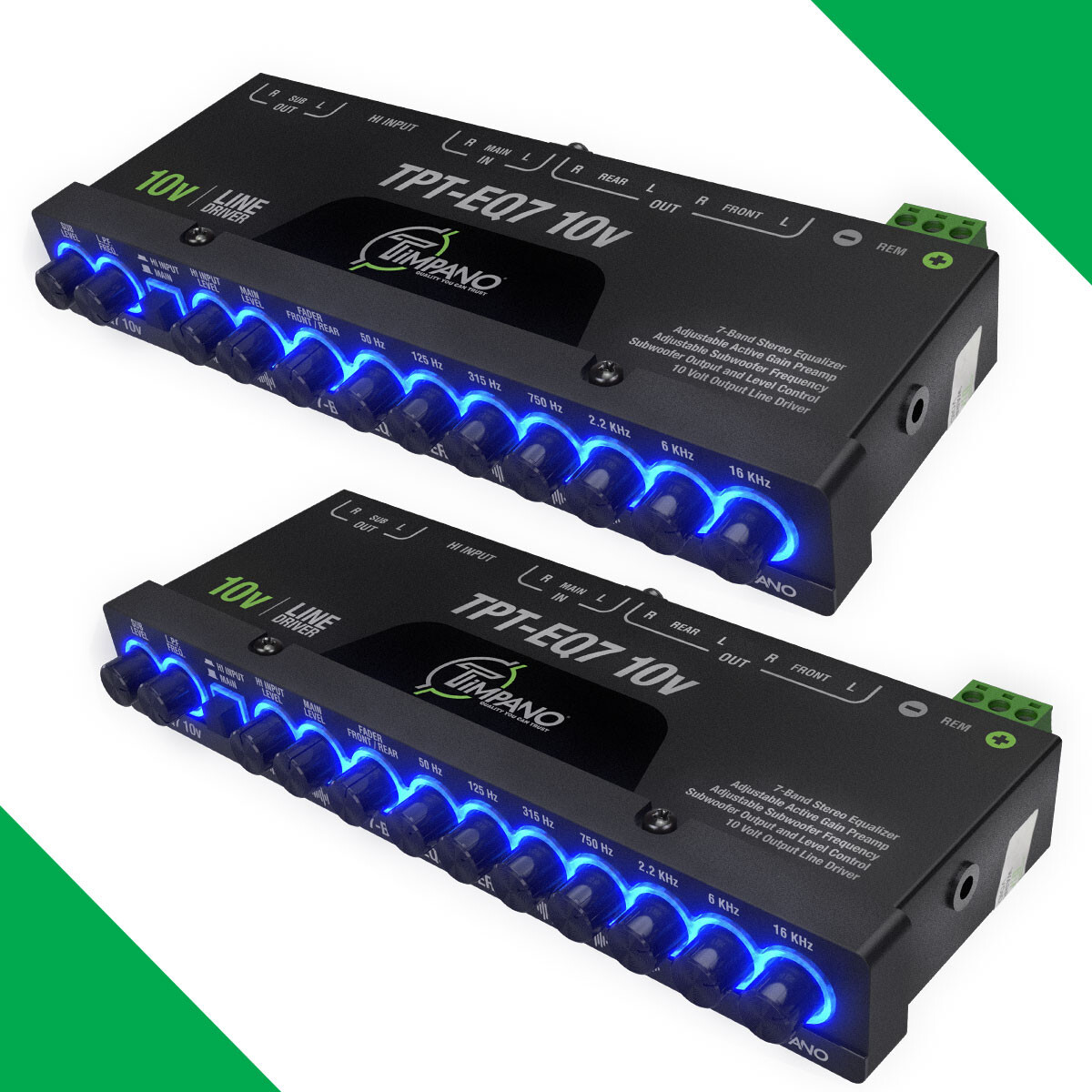2x Timpano TPT-EQ7 10V 7 Band Equalizer Car Audio EQ 6 Channel w/ Sub Control
