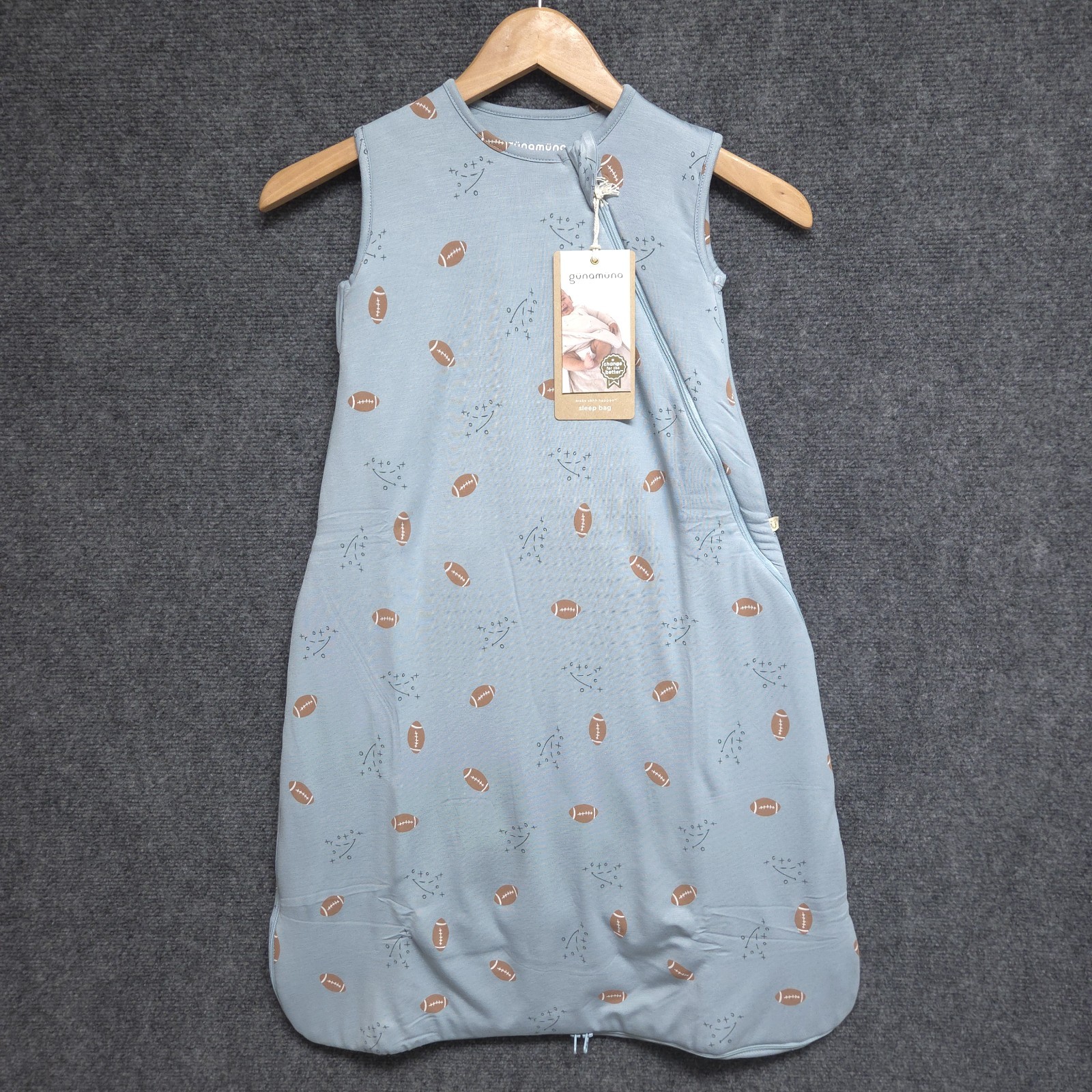 Gunamuna 2.5 Tog Bamboo Viscose Sleep Sack Football Size: 9-18 Months NWT Gunamuna 2.5 Tog Bamboo Viscose Sleep Sack Football Size: 9-18 Months NWT