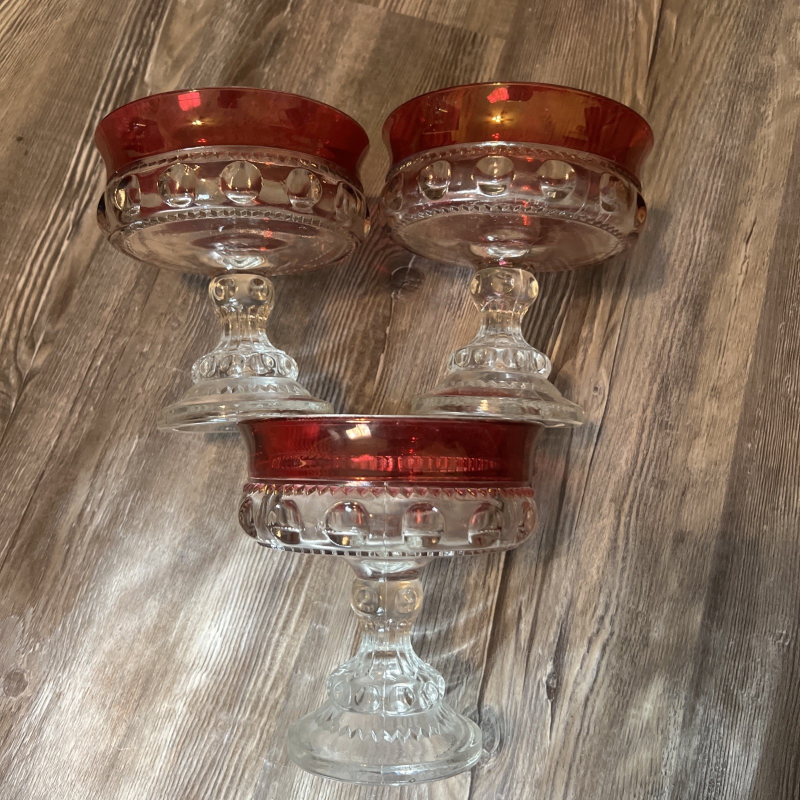 3 Tiffin Glass Kings Crown Thumbprint Compote, Indiana Glass, Cranberry Glass