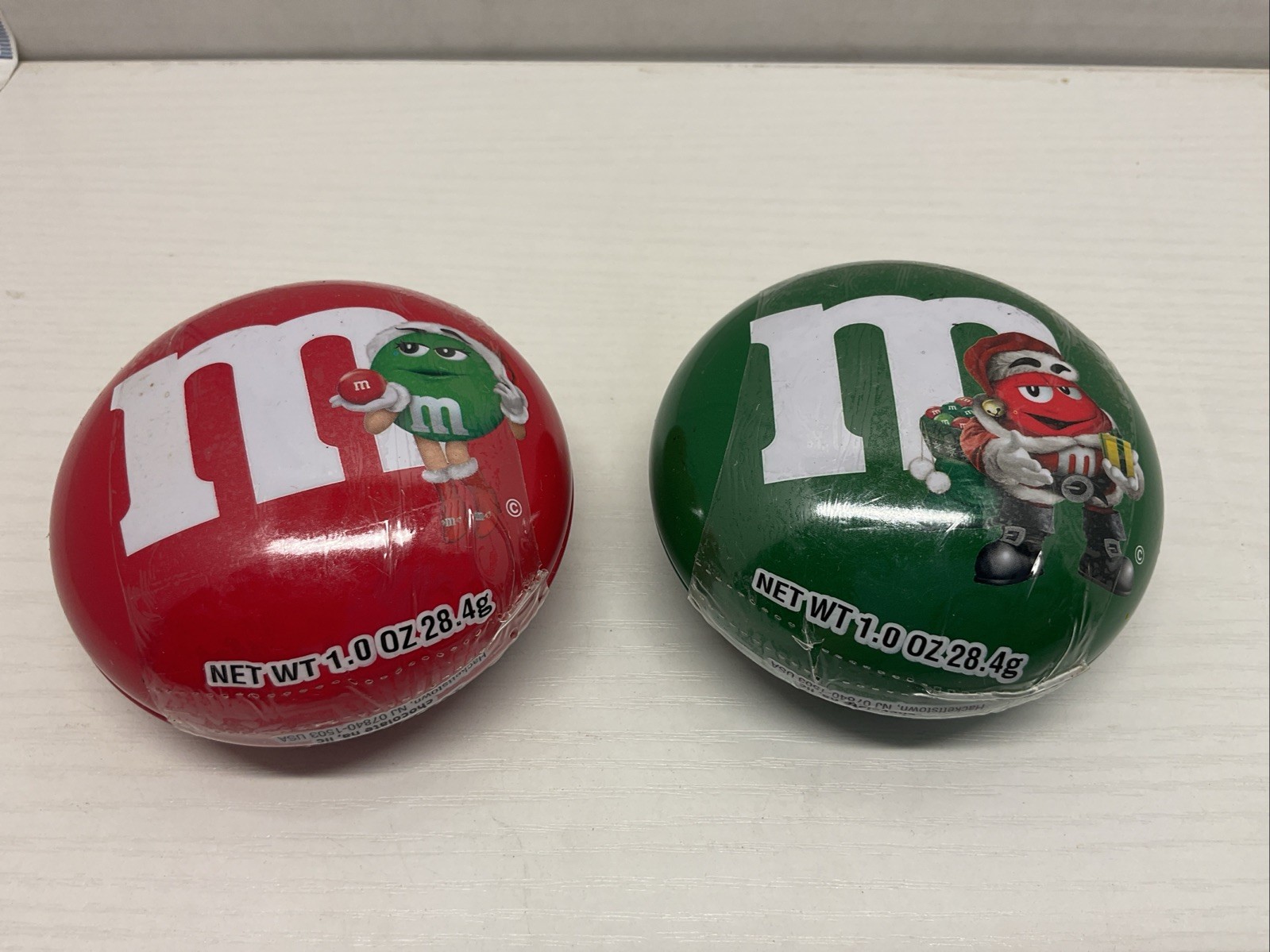 2 Vintage M&M’s Green & Red Christmas Holiday Tin Themes Character Container 3”