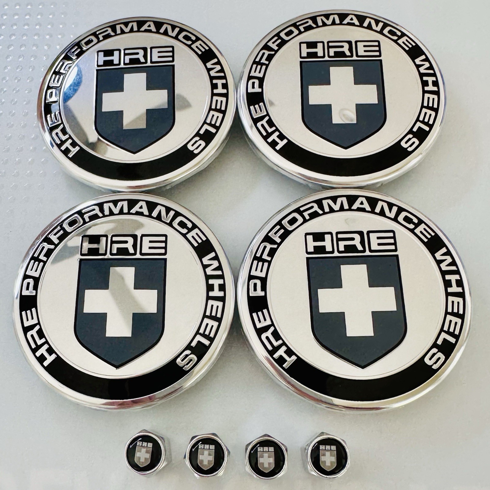 4pc HRE Gray Black 63mm Center Caps XC635HRE—2PC and 4pc Chrome Valve Caps