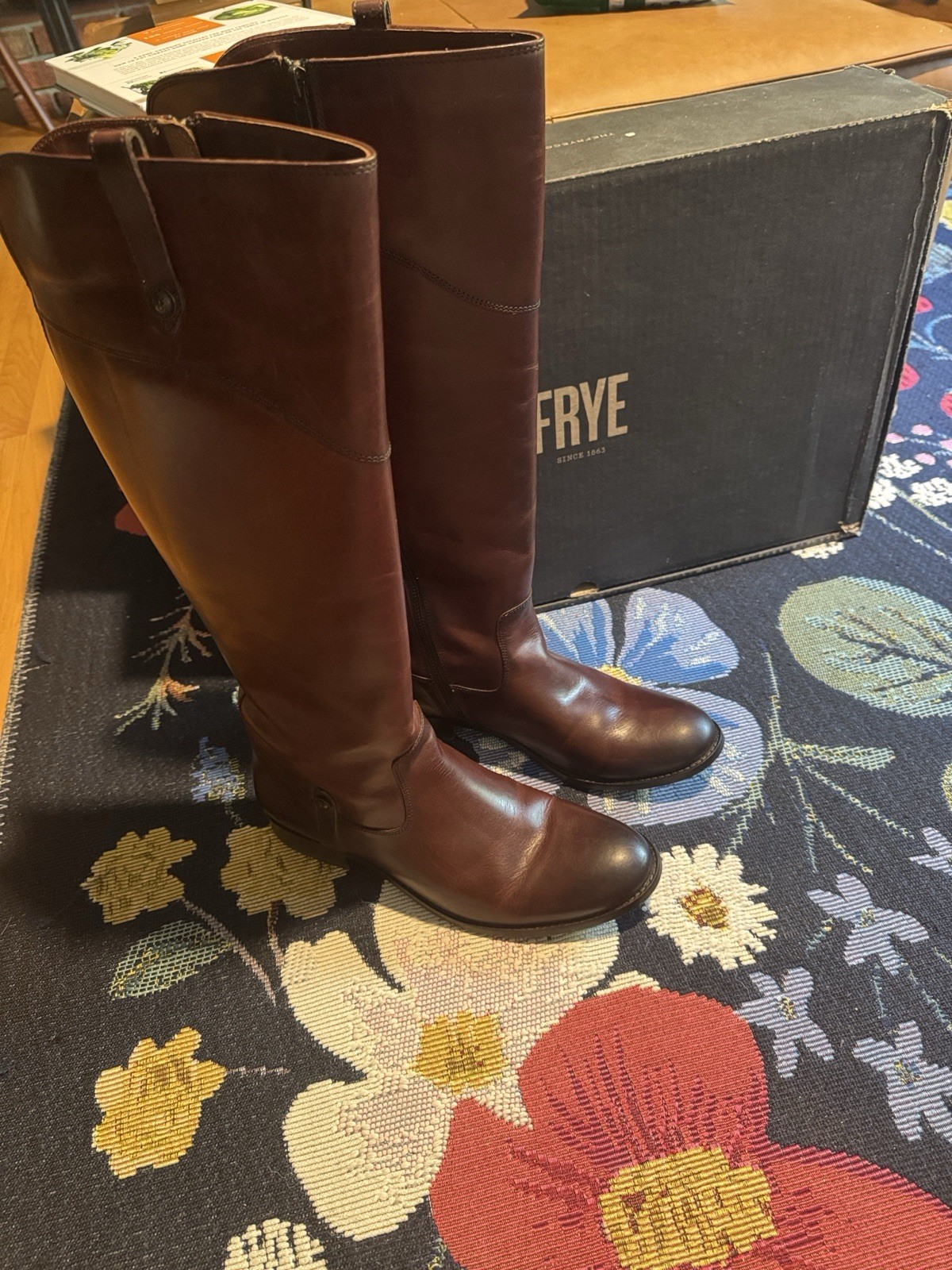 Frye Melissa Tab Tall Extended Calf Boots Redwood Brown 10M Box Beautiful GUC