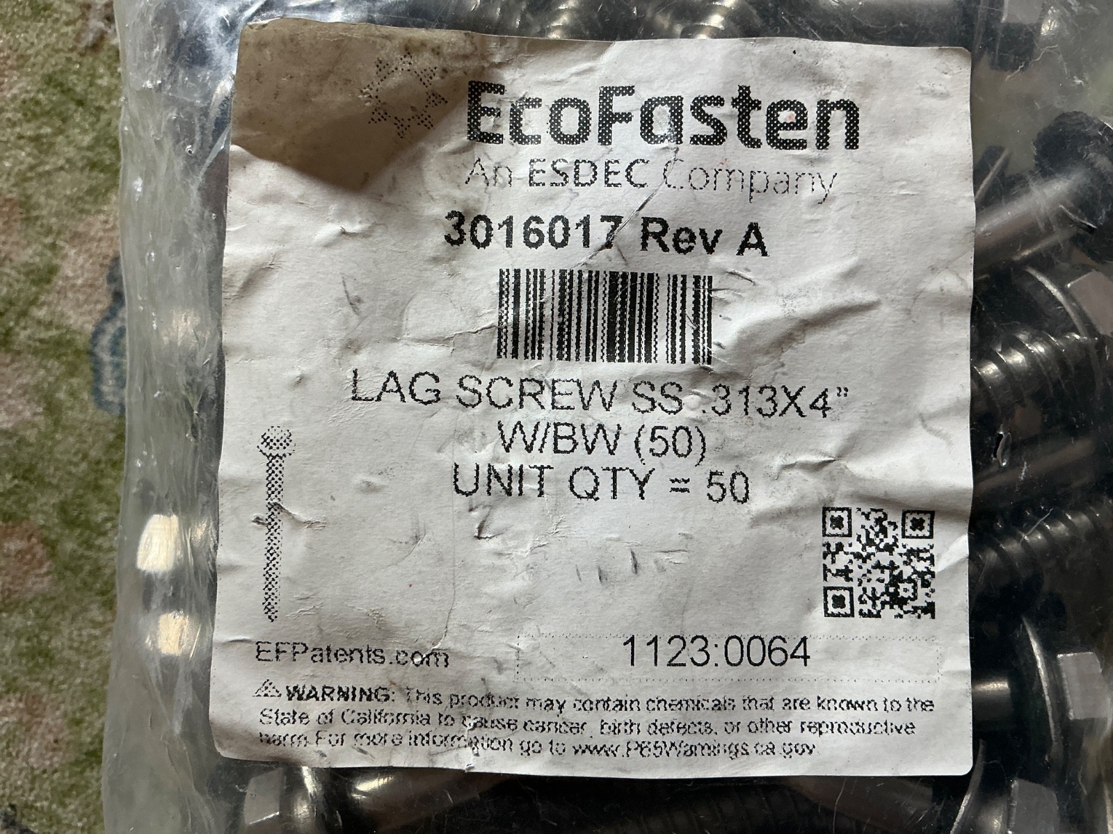 Lot of 50 Ecofasten Solar LAG SCREW SS 313x4” ROOFING Lot of 50 Ecofasten Solar LAG SCREW SS 313x4” ROOFING