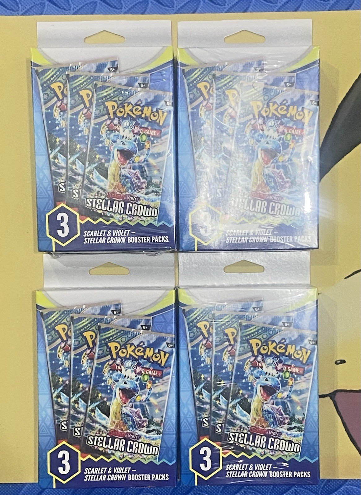 4x Pokémon Scarlet & Violet Stellar Crown 3 Booster Packs Hanger Box New Sealed 4x Pokémon Scarlet & Violet Stellar Crown 3 Booster Packs Hanger Box New Sealed