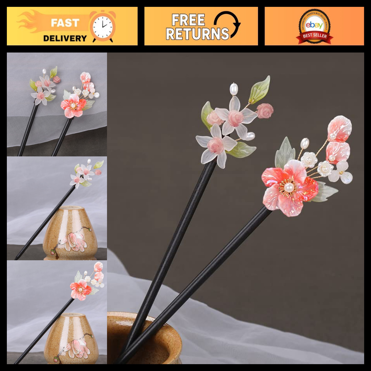 2 Pcs Chinese Style Wooden Hair Sticks with Tassel, Retro Floral Hairpins for Lo