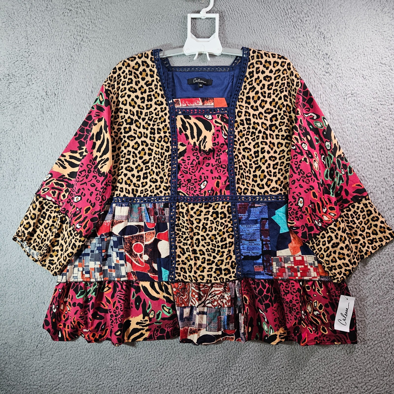 $79 NEW Calessa Top Blouse Women 3X Patchwork Lined Colorful Print Square Neck