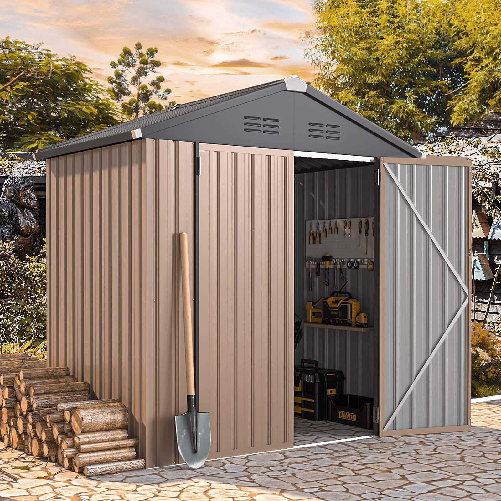 Heavy‑Duty Metal Outdoor Storage Shed with Lock‑Gate, Utility Tool Organizer 