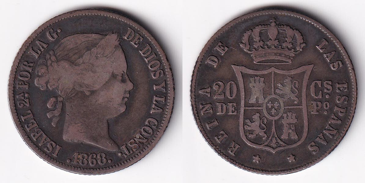 1868 Spanish Philippine ISABEL II 20 Centimos De Peso SILVER Coin - Stock #C16