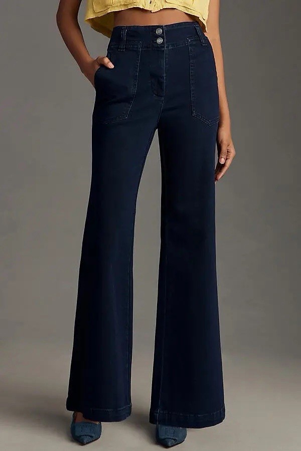 Maeve Anthropologie The Naomi High Rise Wide Leg Flare Jeans Dark Wash Size 26 