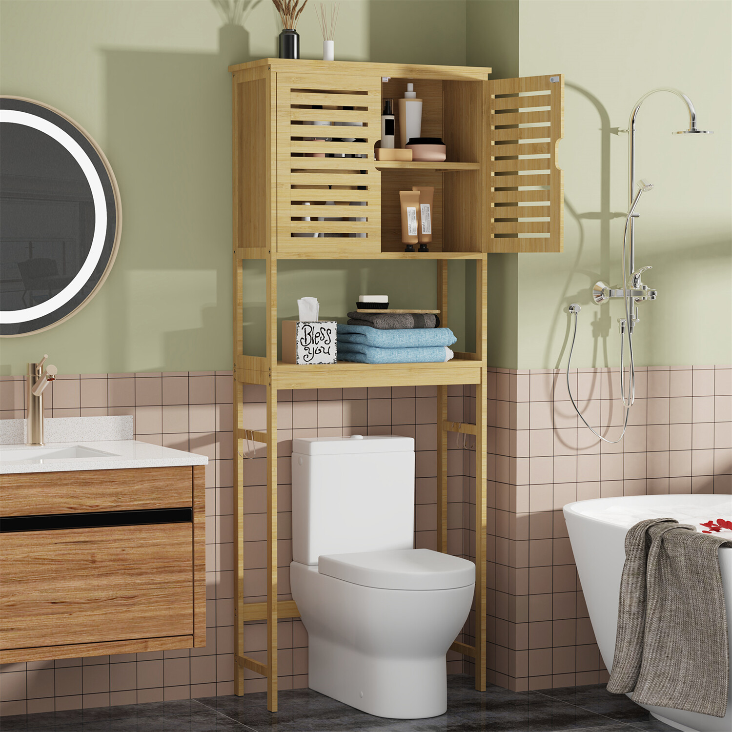 69 Inch Tall Wood Over The Toilet Storage Cabinet with Shelve & Door Space Saver