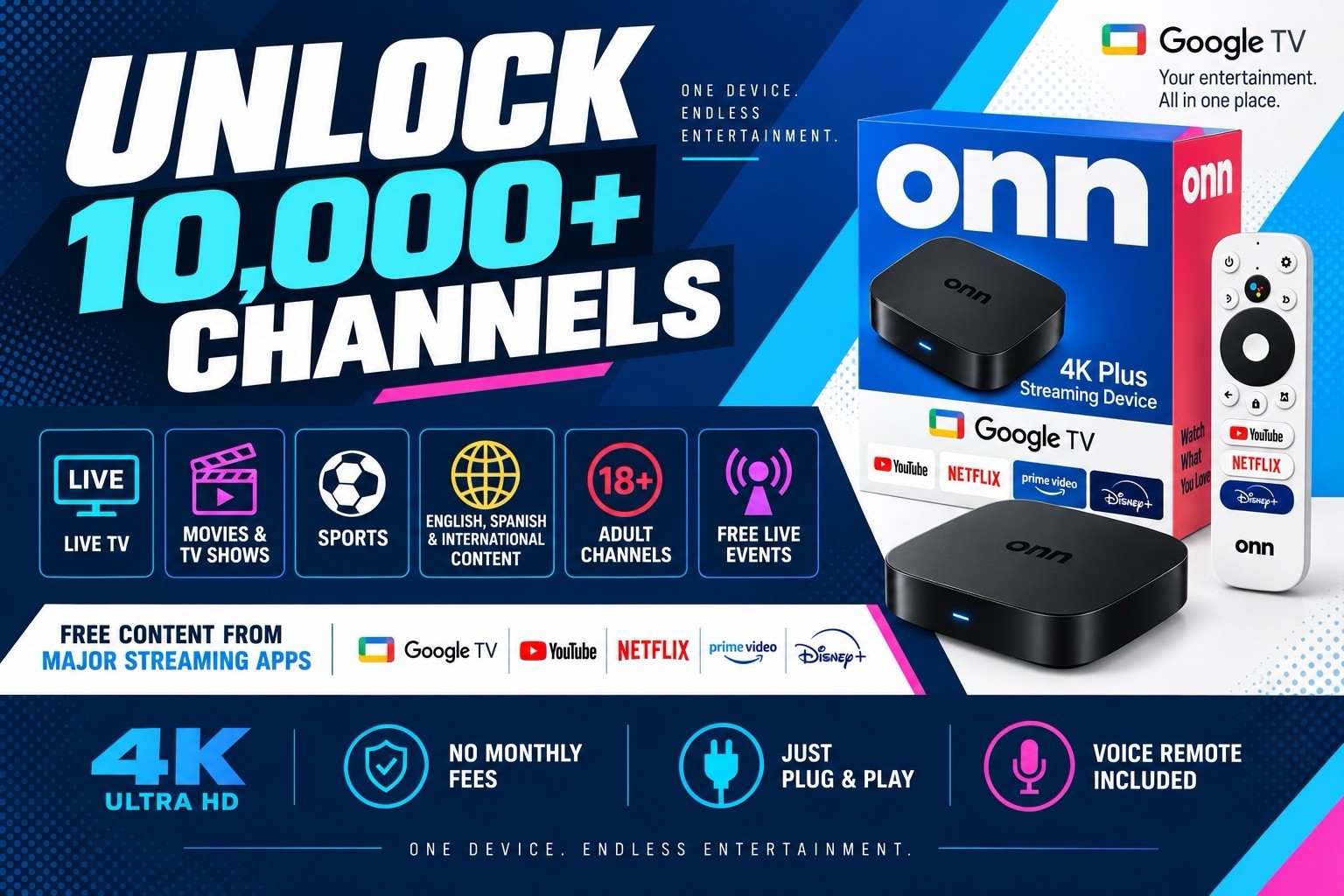 onn 4K Plus Streaming unlocked, no monthly fees