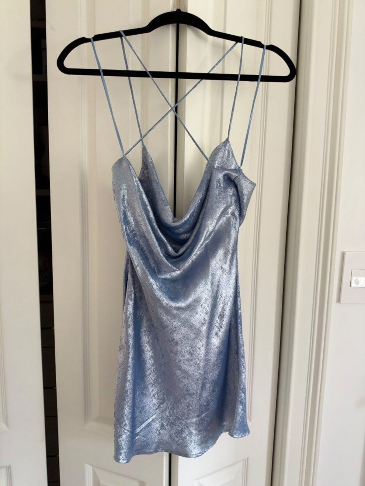 Zara Blue Metallic Crinkle Cowl Neck Slip Mini Dress XS