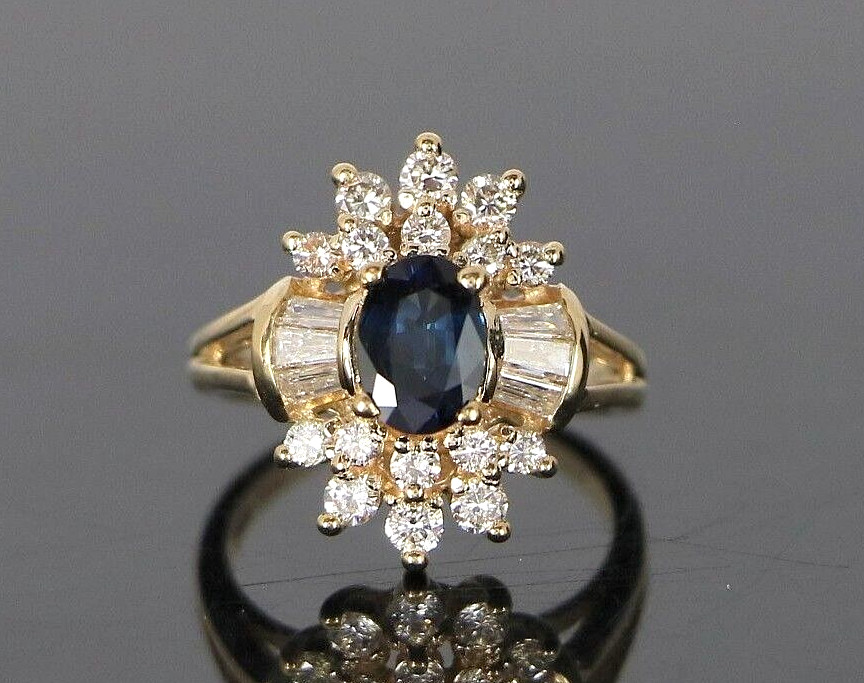 $2,500 EFFY 14K Yellow Gold Oval Blue Sapphire Baguette Diamond Ring Band 4.5