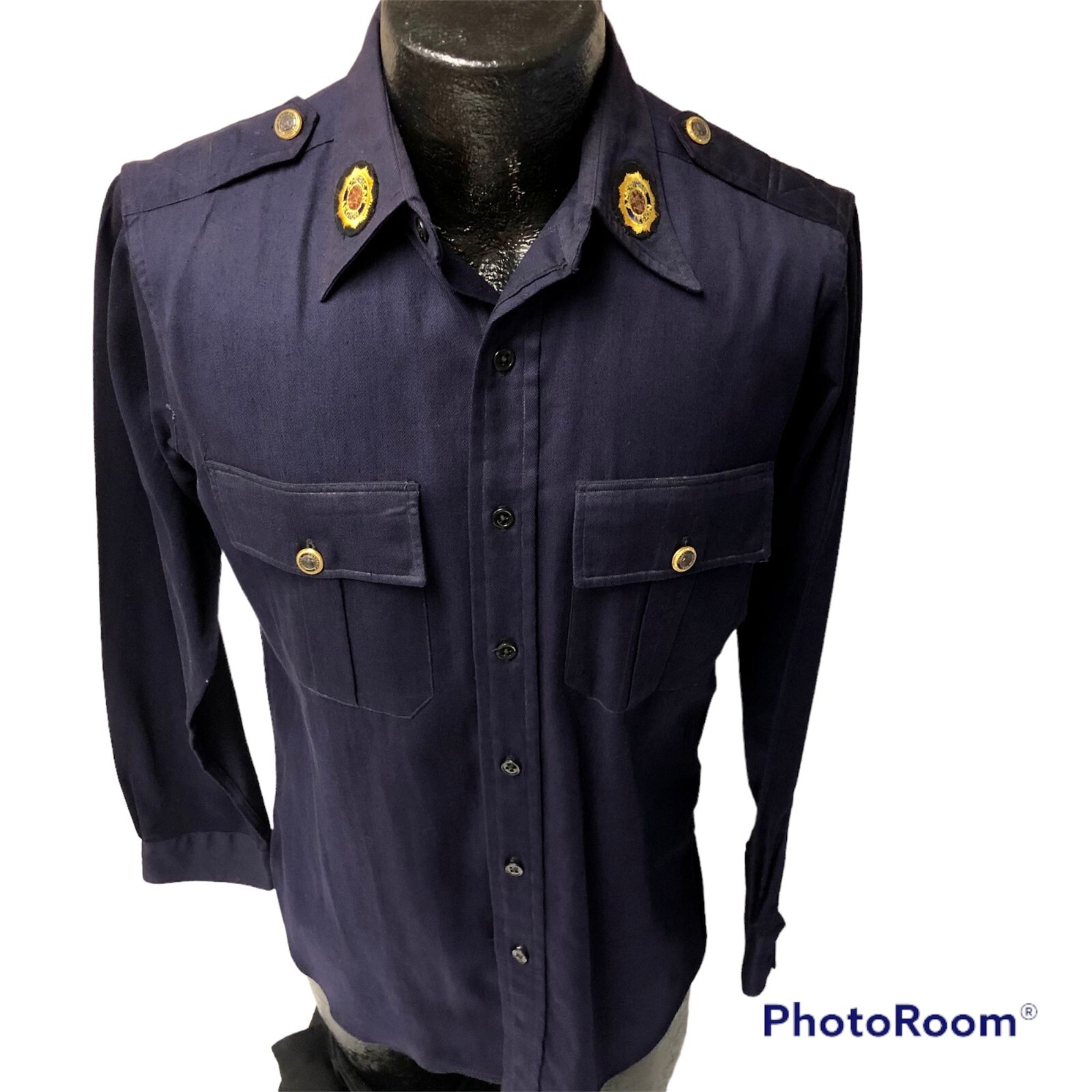 Vtg 40\'s Durable Outfitter Navy Wool GABARDINE American Legion GUSSET Shirt S