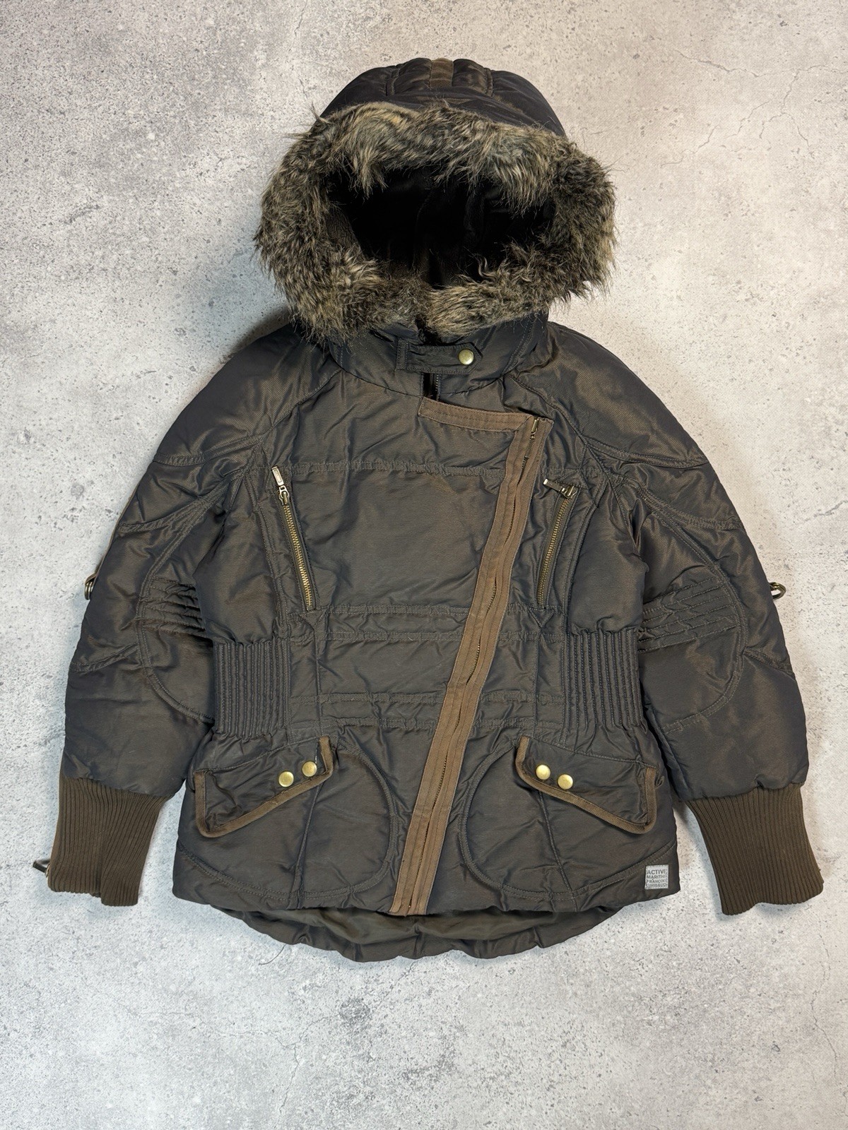 Marithé François Girbaud Y2K Women’s Asymmetric Down Jacket Fur Hood Brown