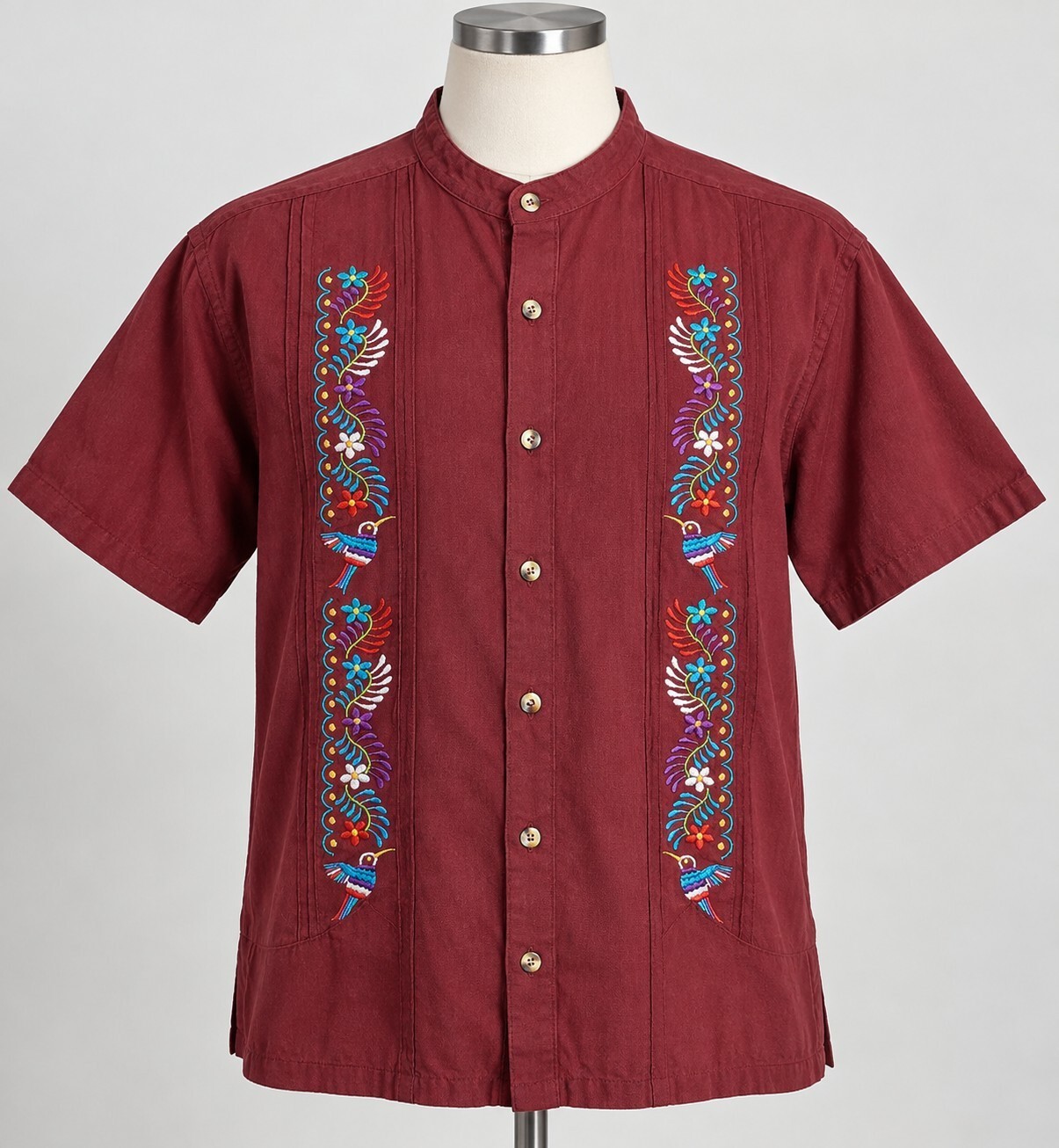 Men\'s Mexican Guayabera Burgundy Embroidered Shirt XL Birds