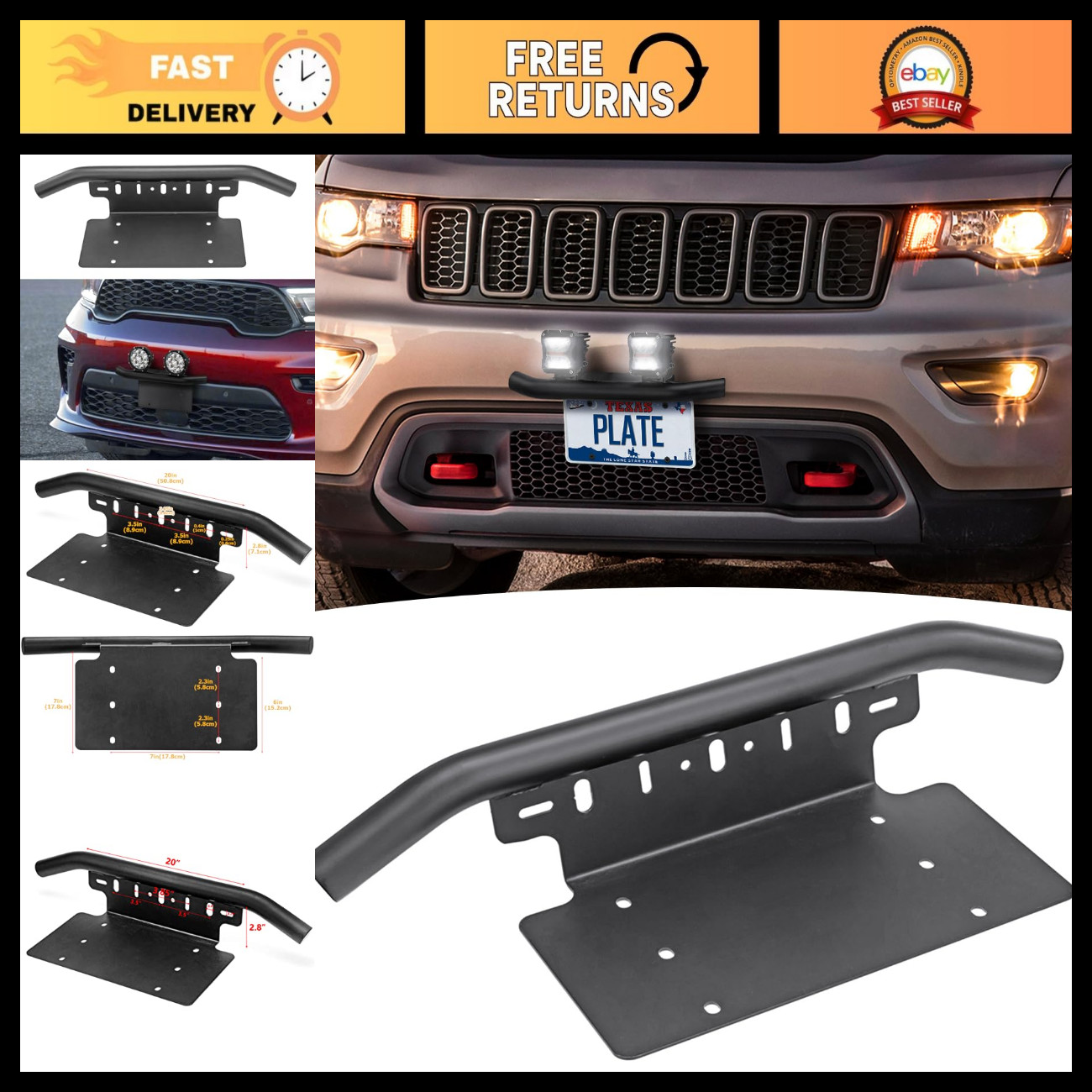 Universal Front Bumper License Plate Holder Bracket for Trucks SUVs ATVs 6x12
