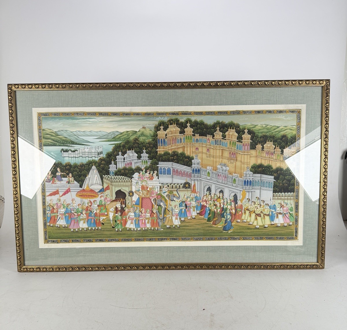 Rajasthani Indian Painting King Procession Art On Silk Cloth Hand Painted 1900s