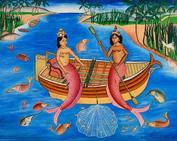 Rigaud Benoit : Les Sirènes : 2 Mermaids in Boat : Haitian Voodoo Folk Art Print