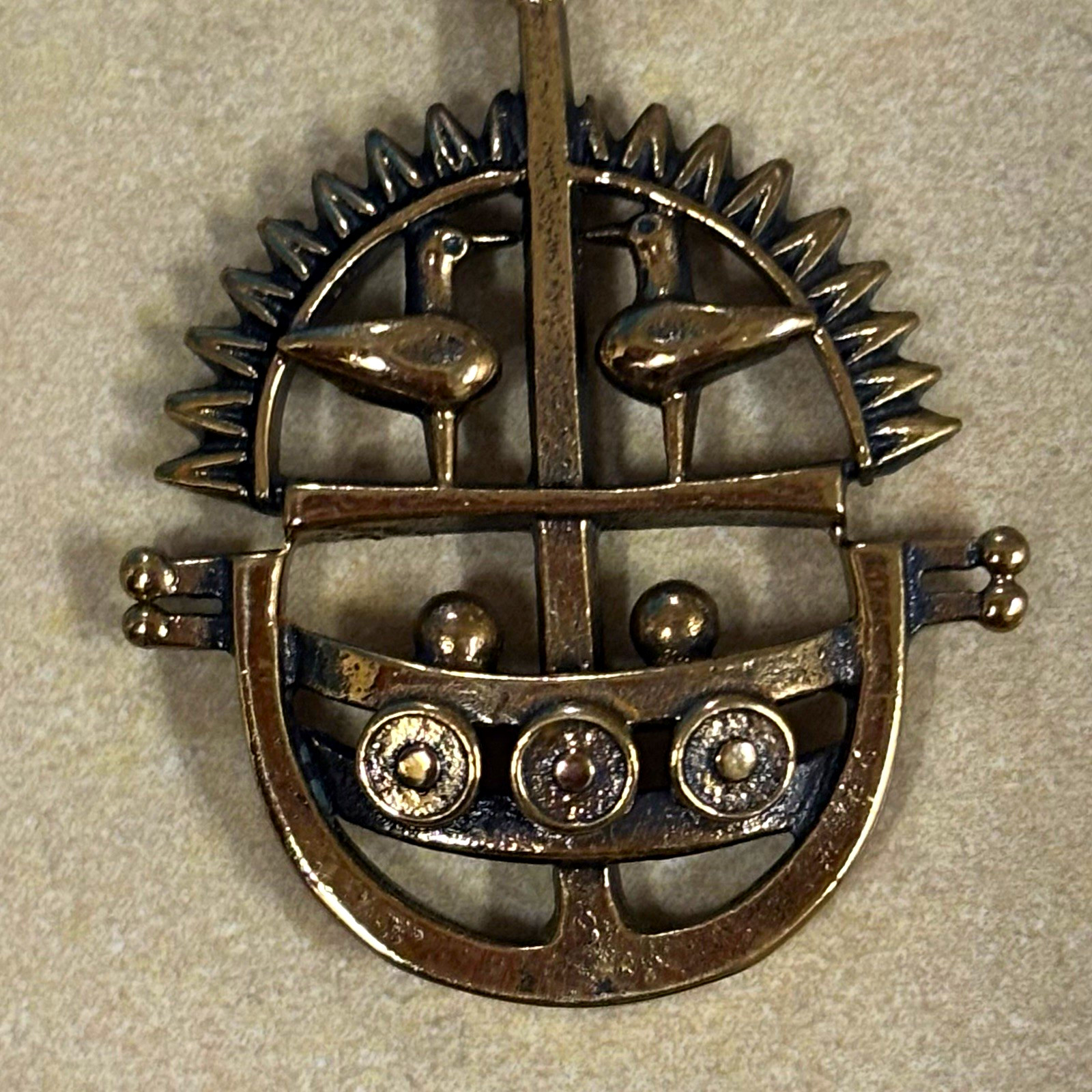 Jorma Laine Turun Hopea Bronze Viking Ship Birds Pendant Necklace Finland 1970s