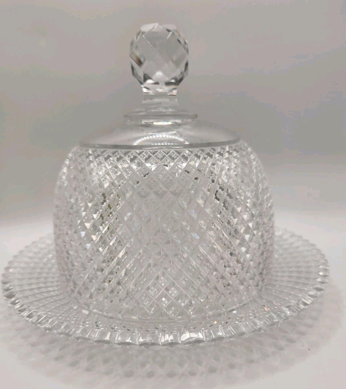 Antique Late 1800's ABP Strawberry Diamond Cut Glass Covered Butter Dish 