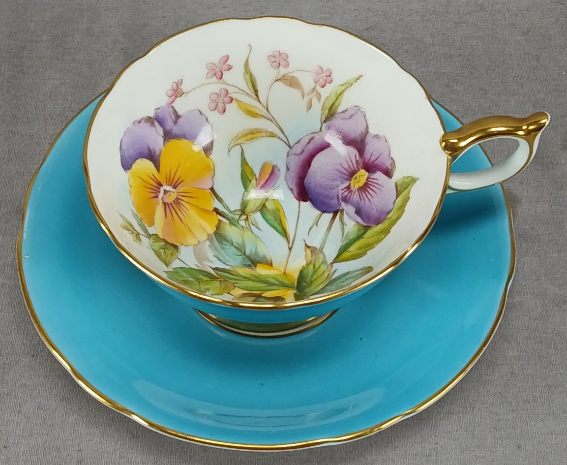 Vintage Aynsley Pansy Pattern Turquoise Signed G Bentley Bone China Cup & Saucer