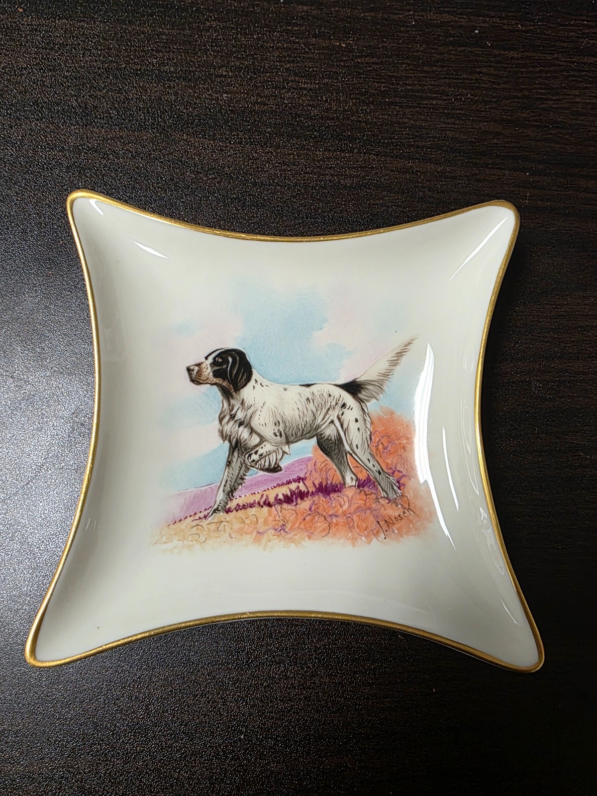 Vintage Lenox Hand Painted English Setter Dog Tray Signed Jan Nosek 24k Gold