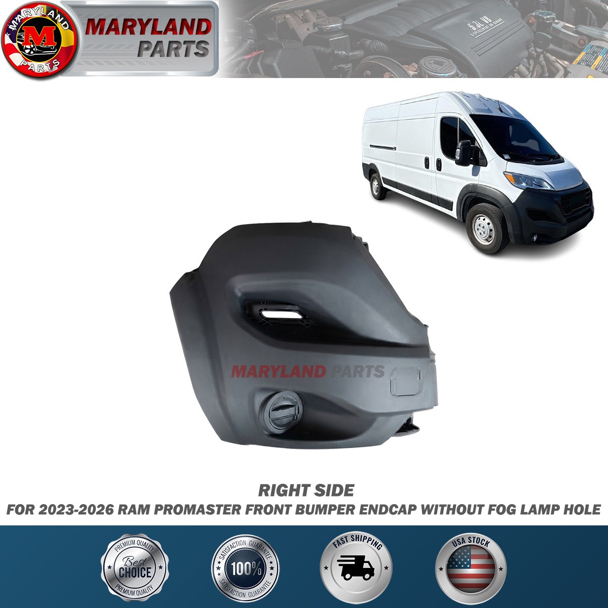 For 2023-2026 RAM Promaster Front Right Bumper Endcap without Fog Lamp Hole For 2023-2026 RAM Promaster Front Right Bumper Endcap without Fog Lamp Hole