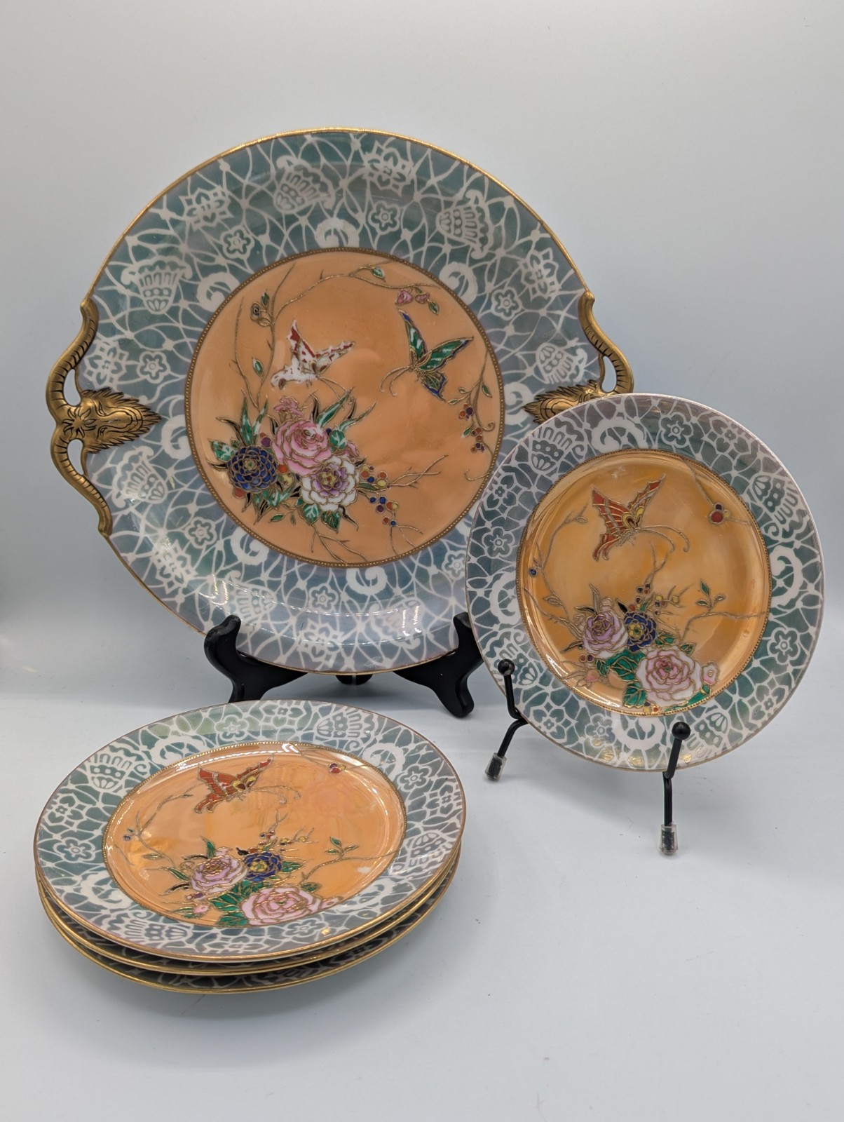 Rare Antique Old Noritake Raster Color Gilt, 5-Piece Cake Serving Set Circa 1918