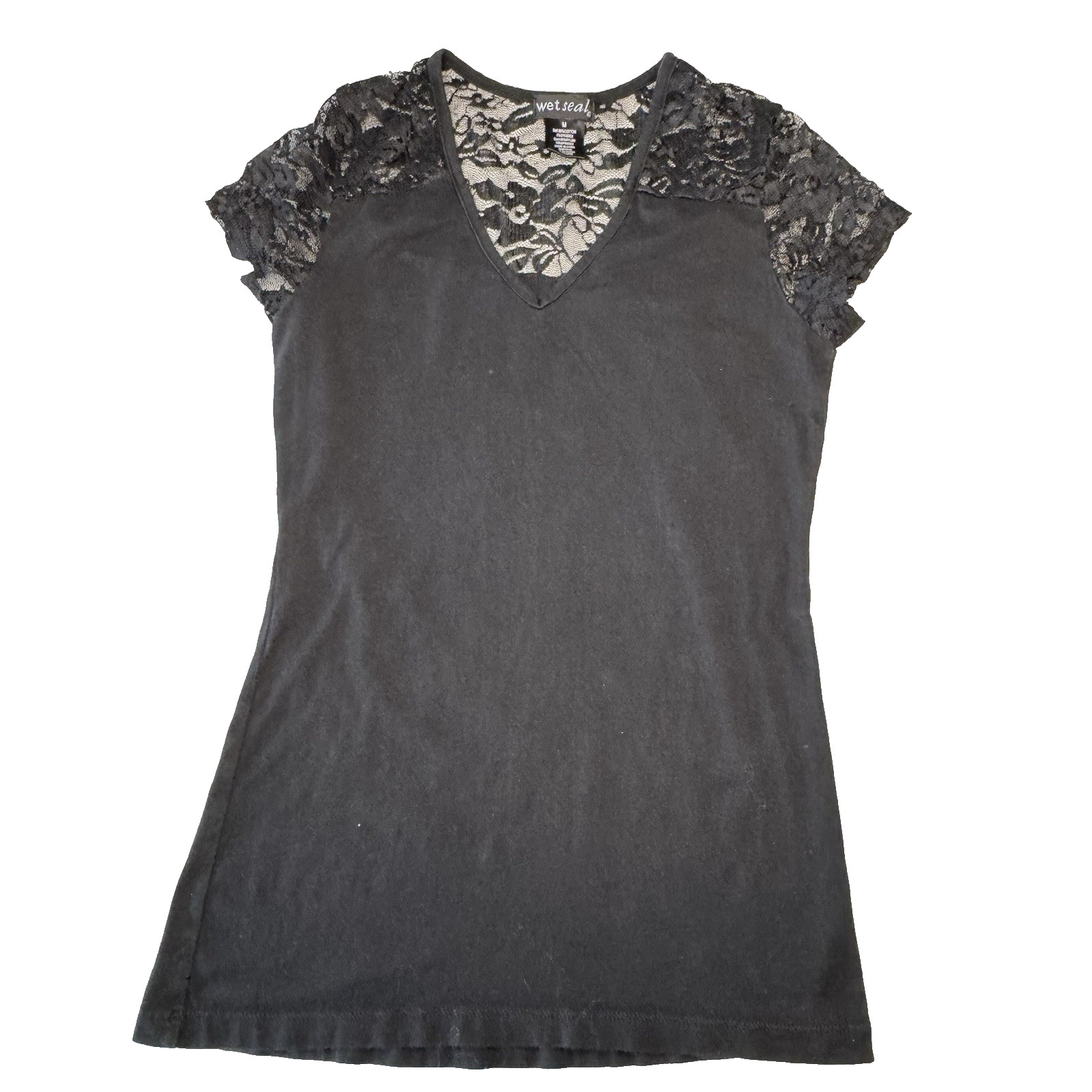 Vintage Y2K Wet Seal Black Lace Cap Sleeve Top Womens Size M V-Neck Gothic 78749 Vintage Y2K Wet Seal Black Lace Cap Sleeve Top Womens Size M V-Neck Gothic 78749