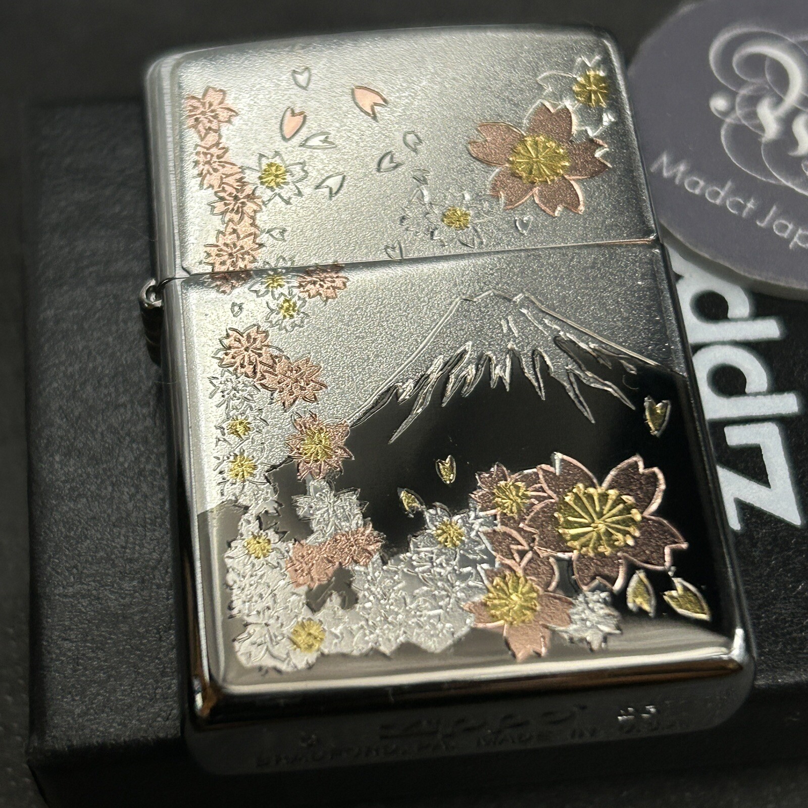 Zippo Mt. Fuji Cherry Blossoms Electroformed Plate Silver Lighter Ukiyoe Japan