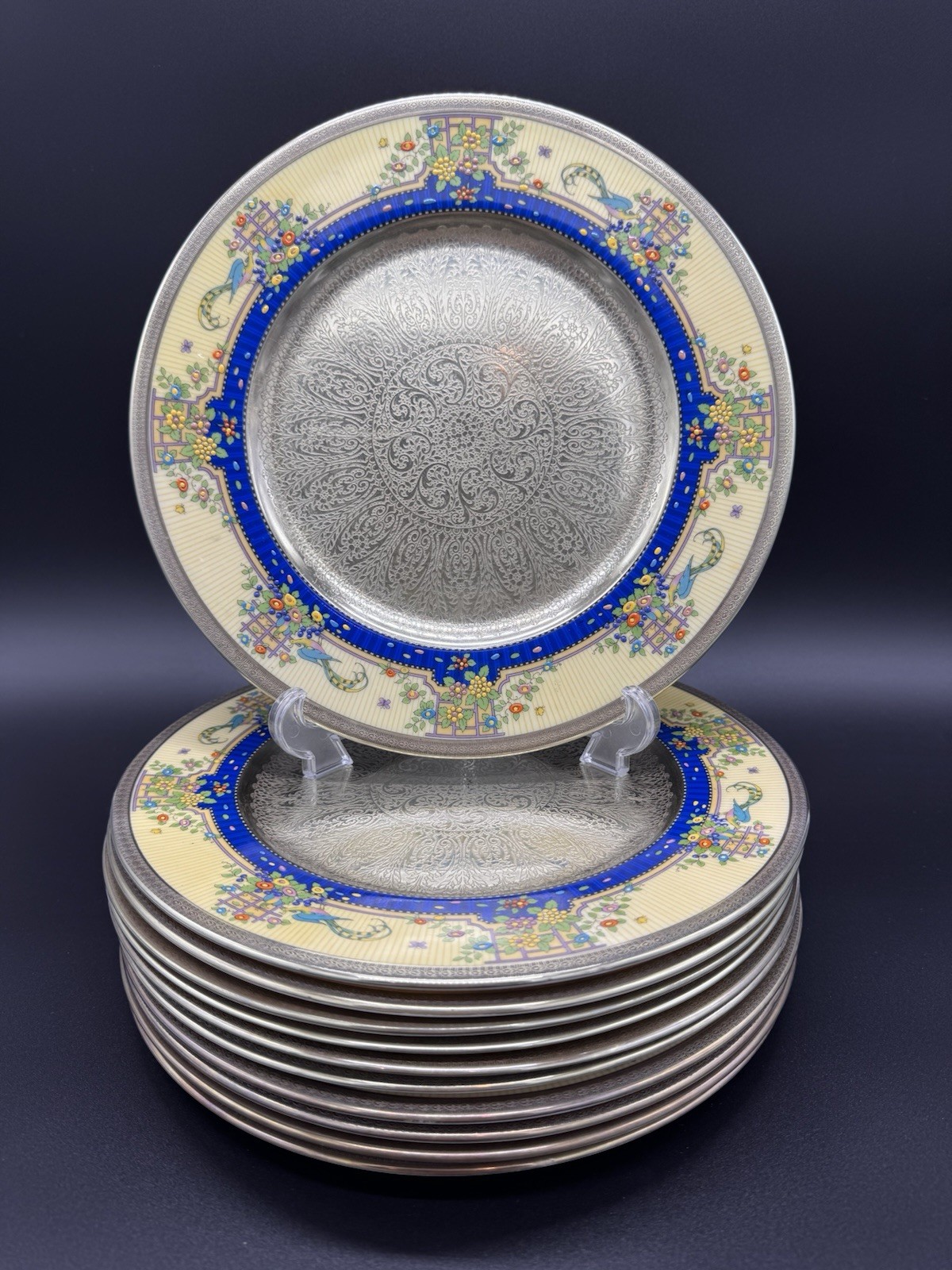 Antique Lenox Sterling Silver Overlay Plates Set 12 Art Deco Bird 1830 X-945