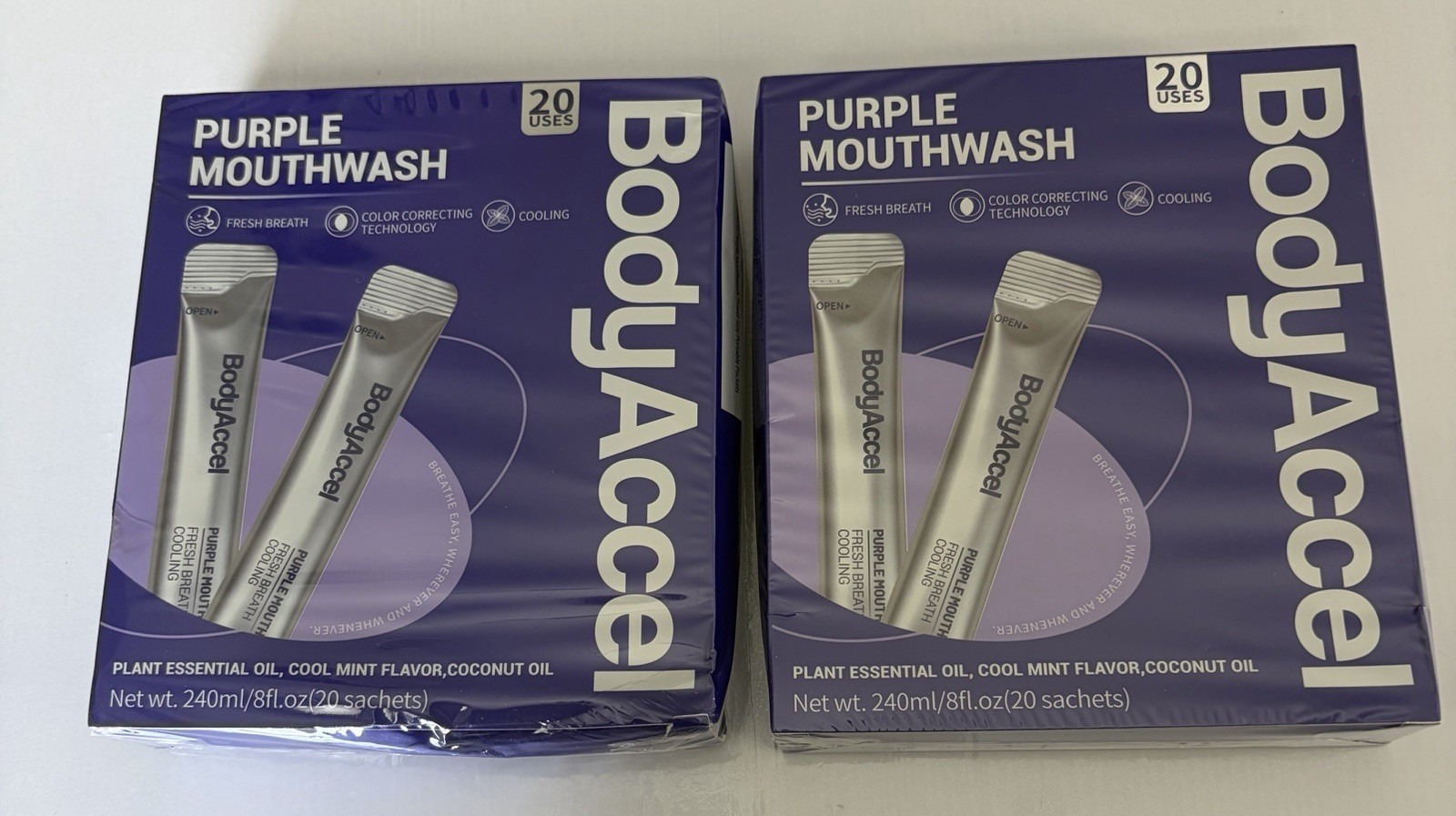 NEW BodyAccel Purple Mouthwash Teeth Whitening 2 Box Bundle (40 Total Sachets)