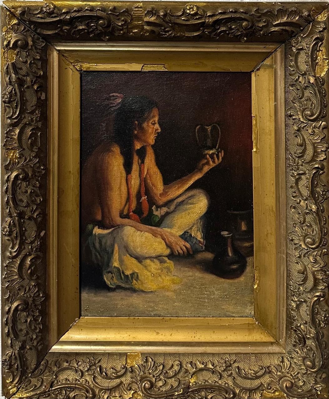 After Eanger Irving Couse – Taos Indian & Pottery, Oil on Board, Framed